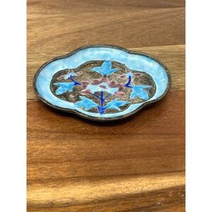 Vintage Cloisonne Teacup Saucer Blue Floral Metal Trinket Dish
